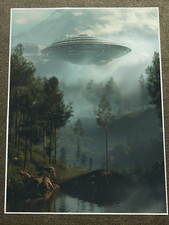 Listing image for UFO Over Forest - Alien Spaceship, Sci-Fi Art Poster 18x24in
