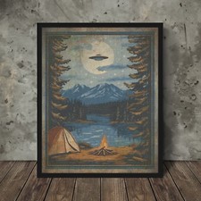 Listing image for Vintage UFO ALIEN CAMPING Wall Art, Sci-fi Nature Poster, NHI Campsite UAP Decor