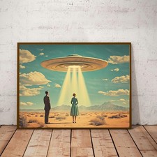 Listing image for Desert Visit UFO Print – Vintage Atomic Age Mid Century Wall Art Poster